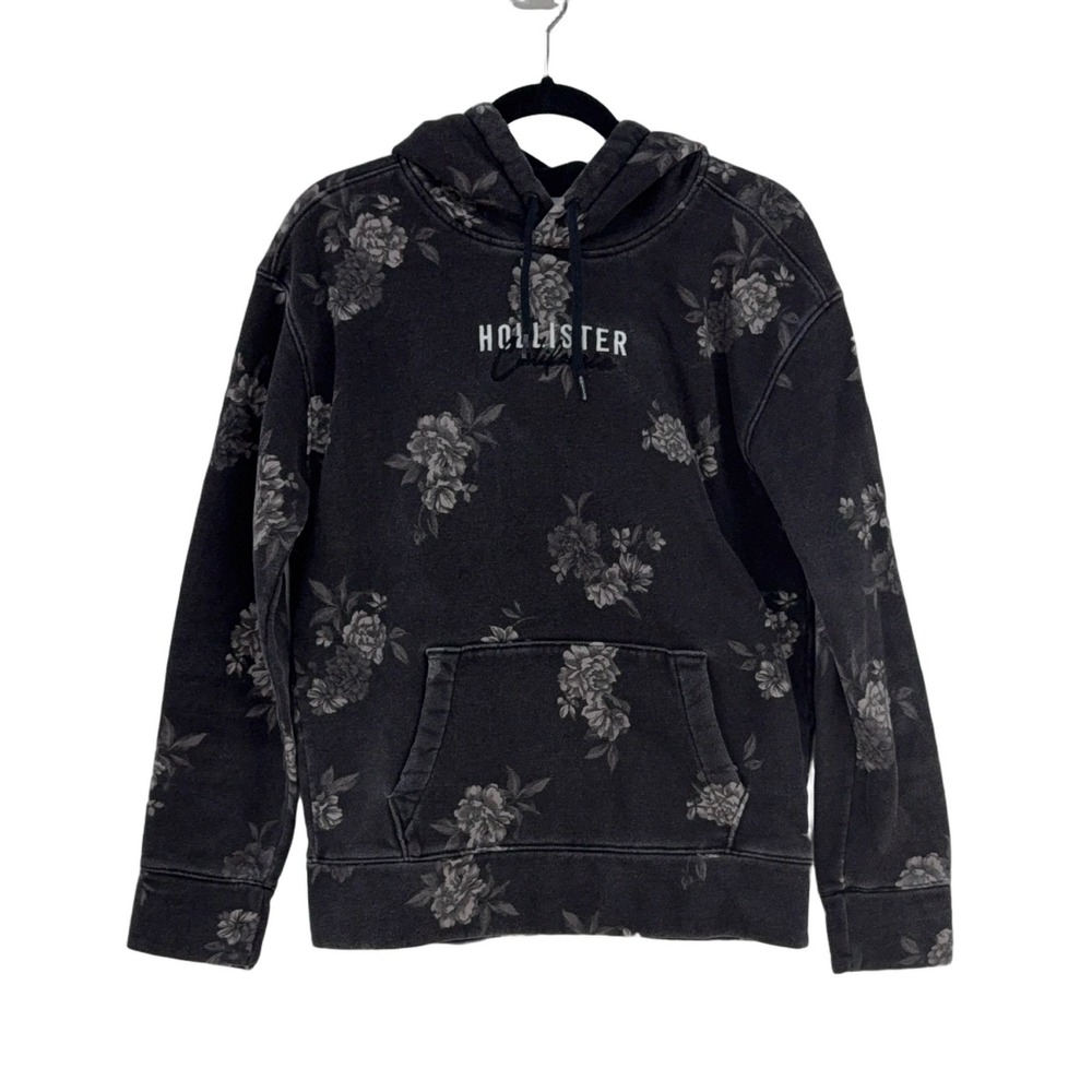 Hollister Men's Black Floral Pullover Hoodie Size S Kangaroo Pocket Logo
